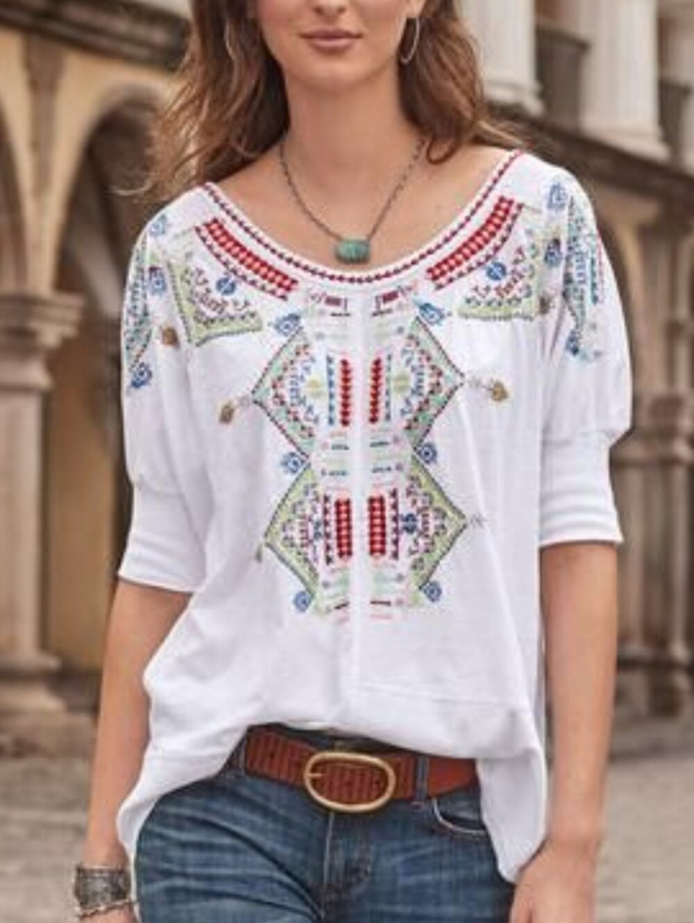 Sundance Embroidered Short Sleeve Slub Cotton Tee XL Off White Blush